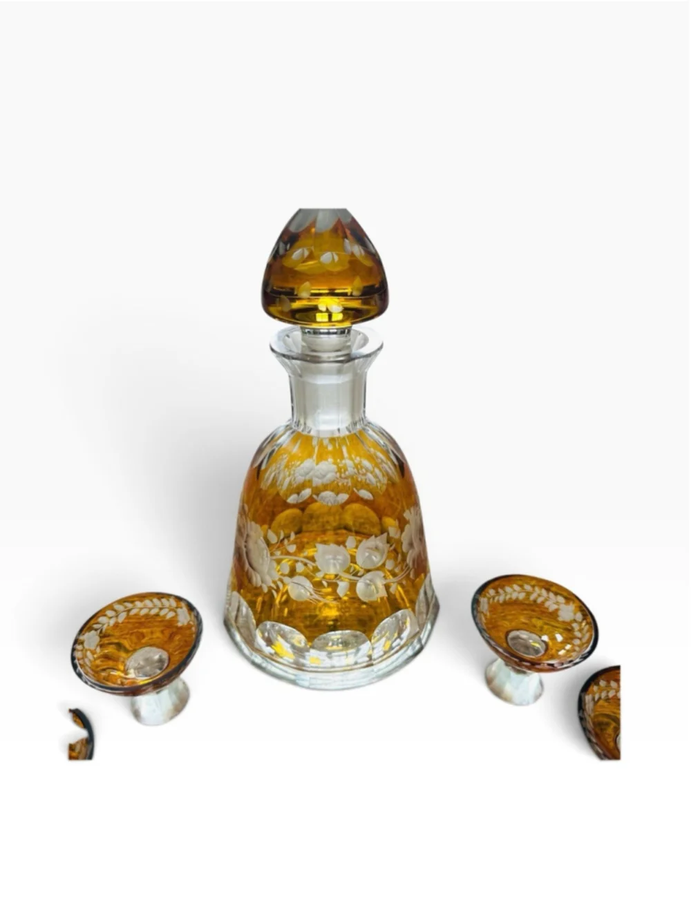 Antique Vintage 7 Pc Set Amber Bohemian Glass Cut Glass Beautiful Floral Designs